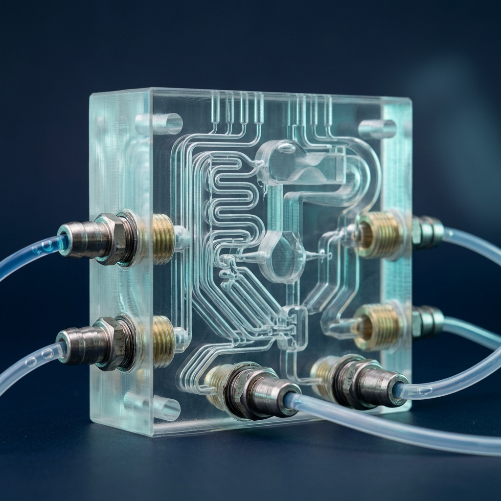 Transparentes Fluidik-Bauteil mit inneren Kanälen und Gewindeanschlüssen
